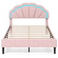 Costway Full Size Upholstered LED Bed Frame Soft Velvet Platform Bed with Flower Headboard - Pink