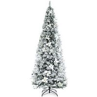 Costway - 8ft Snow Flocked Christmas Pencil Tree w/ Berries & Poinsettia Flowers - Green/White