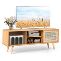 Modern TV Stand Entertainment Center Media Console w/Rattan  Glass Sliding Doors