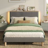 Bestier - Upholstered Platform Bed Frame Bed with LED Light & Adjustable Storage Headboard for Be...