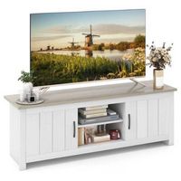 Costway - Farmhouse TV Stand for TVs up to 65'' Media Console Center with Doors Cubbies - White Oak