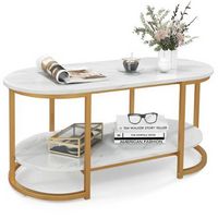 Costway White Marble Coffee Table  Modern 2-Tier Center Table with Open Storage Shelf - White and...