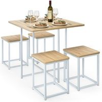 Costway 5pcs Dining Set Compact Dining Table and 4 Stools Metal Frame Nature\ Vintage White - Wal...