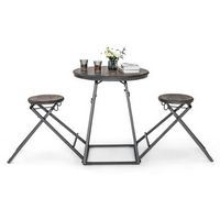 Costway 3-Piece Bar Table Set Round Pub Dining Table & 2 Foldable Stools w/ Metal Frame - Grey