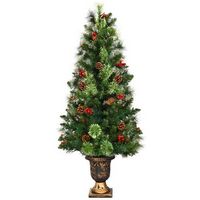 Costway - 3ft Pre-Lit Christmas Entrance Tree In Urn w/ 40 LED Light Red Berries Pine Cone - Green