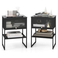 Costway 2 PCS Home Nightstand 3-Tier Storage Table with Door Open Shelf Heavy-duty Metal Frame - ...