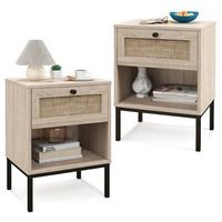 2PCS Rattan Nightstand Boho End Table with  Drawer &amp; Open Shelf for Living Room