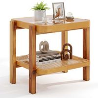 Costway 1 PCS End Table with Tempered Glass Top Acacia Wood Legs Rattan Storage Shelf - Brown