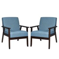 Costway - Set of 2 Fabric Accent Armchair Solid Wood Upholstered Lounge Chair - Blue