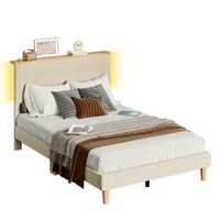 Bestier - Full Size Upholstered Platform Bed with LED Lighting and Adjustable Storage Headboard f...