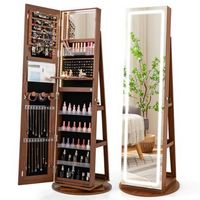 Costway - 360° Swivel Jewelry Cabinet Organizer 3-Color LED Mirror with Built-in Lights - Brown