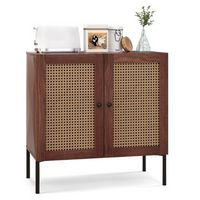 Costway - Rattan Buffet Sideboard  Cabinet Cupboard with Adjustable Shelf Walnut - Walnut