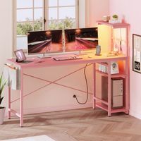 Bestier 61" Gaming Desk with Power Outlets LED 4-Tier Reversible Shelves Headset Hook - Pink