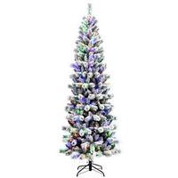 Costway - 8FT Pre-Lit Hinged Christmas Tree Snow Flocked w/ 9 Modes Remote Control Lights - Green...