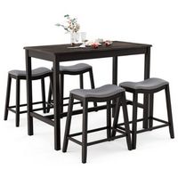 Costway 5PCS Bar Table Set Counter Height Table &amp; Upholstered Saddle Stools Set for 4 - Black/Gray