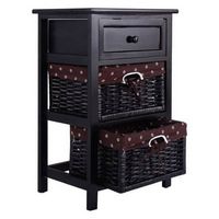 Costway - Night Stand 3 Tiers 1 Drawer Bedside End Table Organizer Wood with 2 Baskets - Black