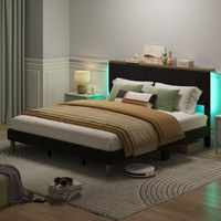 Bestier - Bed Frame -King Size Bed With LED Light & Adjustable Storage Headboard for Bedroom Upho...