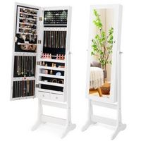 Costway - Lockable Mirrored Jewelry Cabinet Armoire Organizer Storage with Stand & LED Lights - W...