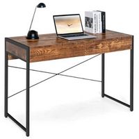 Costway - Computer Desk Metal Frame Study Table Home Office Workstation with 2 Drawers - Rustic B...