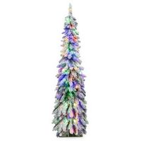 Costway - 5 FT Pre-Lit Slim Christmas Tree Flocked Xmas Decoration 11 Modes 150 LED Lights - Gree...