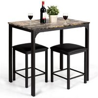 Costway 3 PCS Counter Height Dining Set Faux Marble Table 2 Chairs Kitchen Bar - Brown