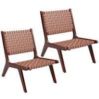 Costway Set of 2 Woven Leather Accent Chair Mid Century Rubber Wood Armless Side Chair - Brown