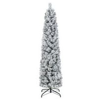 Costway - 6 FT Pre-Lit Slim Christmas Tree Flocked Decoration with Pine Needles & Lights - Green ...