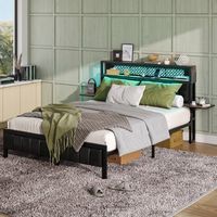 Bestier - King Size Bed Frame with Upholstered Headboard Built-in Storage LED Lighting and Chargi...