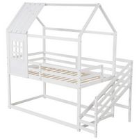 Costway Twin House Bunk Bed with Stairs Roof Rails & Window Full-length Guardrails - White
