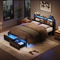 Bestier - Gaming Bed Frame Storage Platform Bed with Charging Station Headboard and LED Lights Qu...