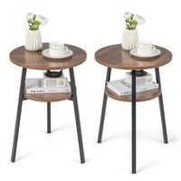 Costway 2PCS 2-Tier Bedside End Table Round Nightstand for Bedroom Living Room - Walnut