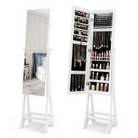 Costway - LED Jewelry Cabinet Armoire with  Bevel Edge Mirror Organizer Mirrored Standing - White