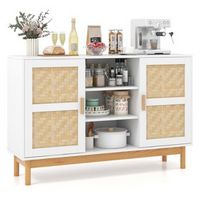 Costway 48" Sideboard Buffet Cabinet with 2 Bamboo Woven Doors 3 Open Shelves for Kitchen - White