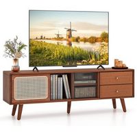 Costway Bamboo TV Stand Console Table with PE Rattan Door & 2 Drawers for TV up to 65" - Brown