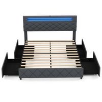 Costway Queen Size Bed Frame with Led Lights & Charging Station & Modern Upholstered Bed - Gray