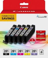 Canon - CLI-281 5-Pack Standard Capacity Ink Cartridges + Photo Paper - Black/Cyan/Magenta/Yellow...