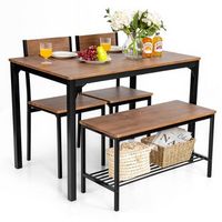 Costway 4pcs Dining Table Set Rustic Desk 2 Chairs & Bench w/ Storage Rack - Brown