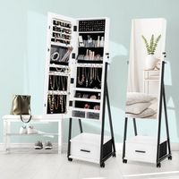 Costway - Jewelry Cabinet Armoire Full Length Mirror Lockable w/ Bottom Drawer & Wheels - White