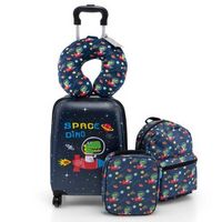 Costway - 5 PCS Kids Luggage Set with Backpack Neck Pillow Luggage Tag Lunch Bag Wheels - Dark Blue