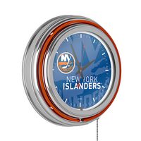 New York Islanders NHL Watermark Chrome Double Ring Neon Clock - Royal Blue, Orange, White