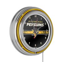 Pittsburgh Penguins NHL Chrome Double Ring Neon Clock - Black, Gold, White