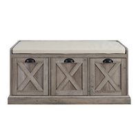 Walker Edison - 40” Farmhouse Storage Bench with Top Cushion - Grey Wash/Oatmeal Linen