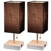 Simple Designs - Petite White Stick Lamp with USB Charging Port and Black Fabric Shade 2 Pack Set...