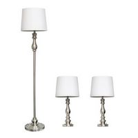 Lalia Home 3 Piece Metal Lamp Set with White Drum Fabric Shades - Brushed Steel