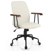 Costway - Velvet Home Office Chair with Adjustable Swivel and Wooden Armrest - Beige