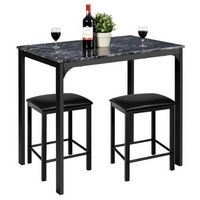 Costway 3 Piece Counter Height Dining Set Faux Marble Table 2 Chairs Kitchen Bar - Black