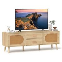 Costway Rattan TV Stand for 65-Inch TV 59&quot; TV Console Cabinet Boho Entertainment Center - Beige