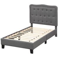 Costway Twin Size Bed Frame with 46" Tall Button Tufted Headboard Wooden Slats Support - Gray