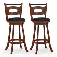 Costway Set of 2 Bar Stools 360° Swivel Dining Chairs Solid Rubber Wood Leather Padded - Black/Brown