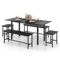 Costway 5 PCS Dining Table Set for 4-6 w/ 2 Benches & 2 Stools Metal Frame Dining Room - Black